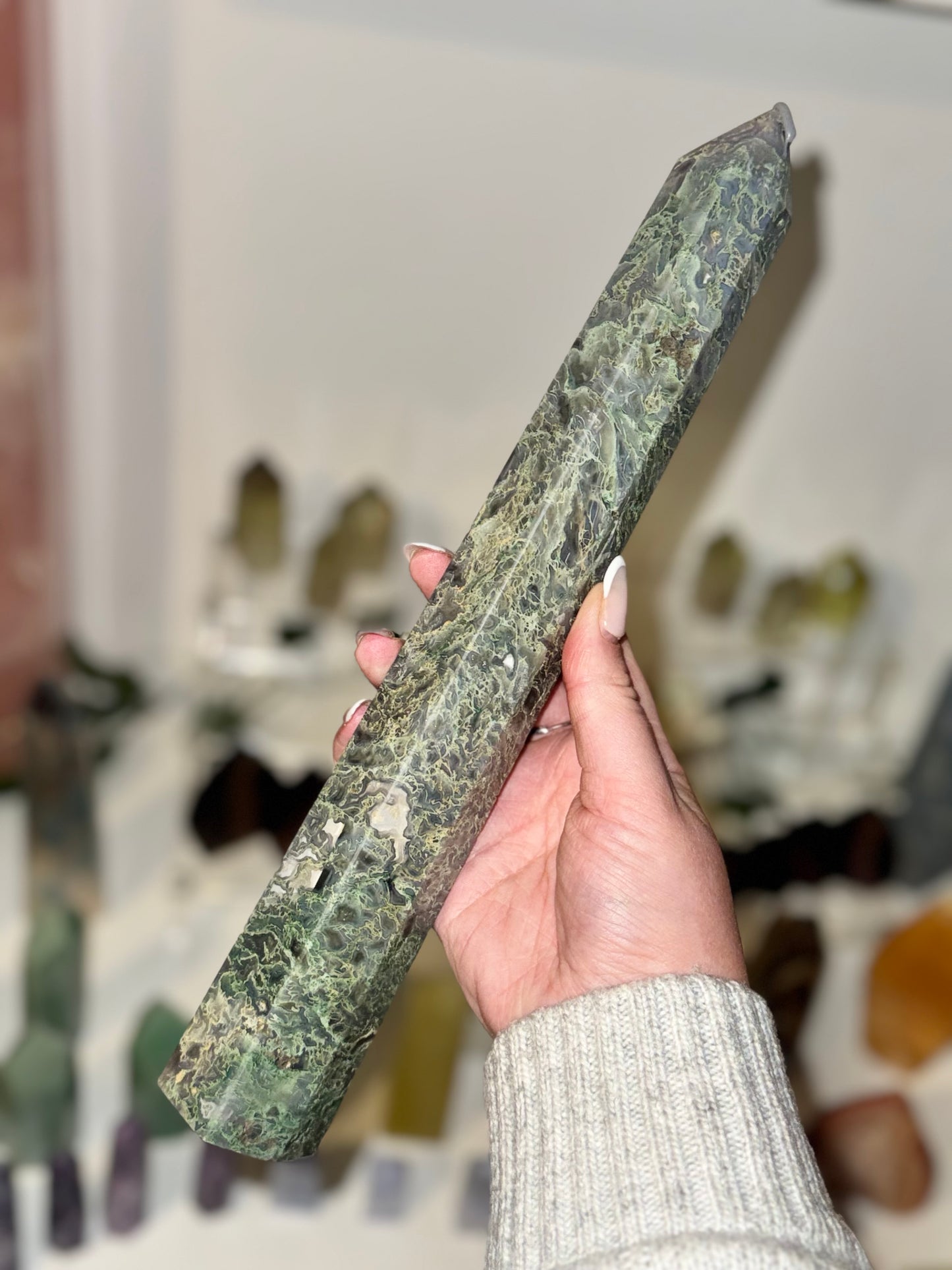 Large moss agate tower